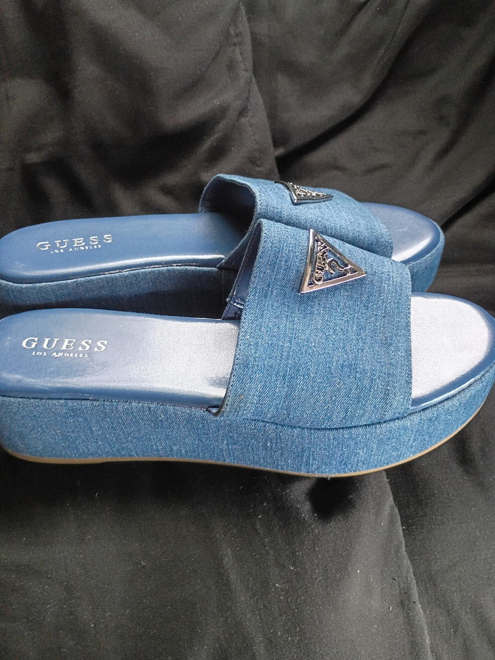 GUESS Blue Denim Platform Slide Clogs with Logo Accent